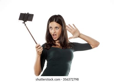 Pretty Brunette Takes Selfies Monopod Stock Photo Shutterstock