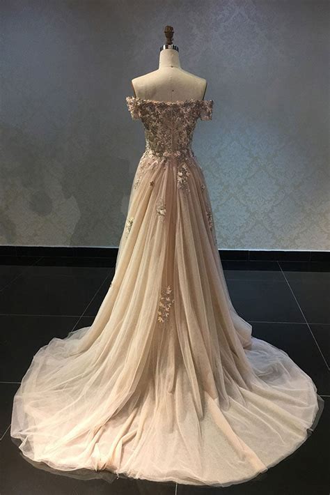 Champagne Lace Applique Tulle Long Prom Dress Champagne Evening Dress