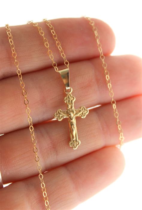 Gold Crucifix Cross Necklace Women Girls Gold Filled Charm Etsy