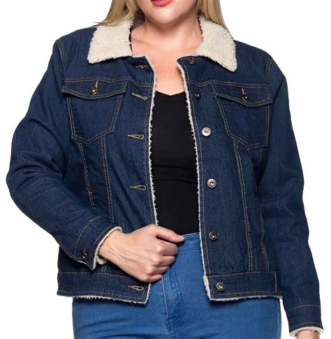 Womens Plus Size Fashionable Button Front Sherpa Lined Denim Jacket