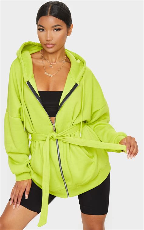Lime Oversized Longline Zip Belted Hoodie Jacket Prettylittlething