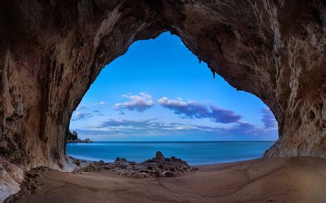 Landscape Nature Beach Cave Sand Rock Sea Clouds