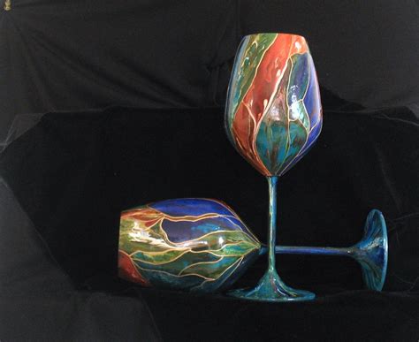 Hand Painted Stained Glass Themed Wine Glasses Set Of 2