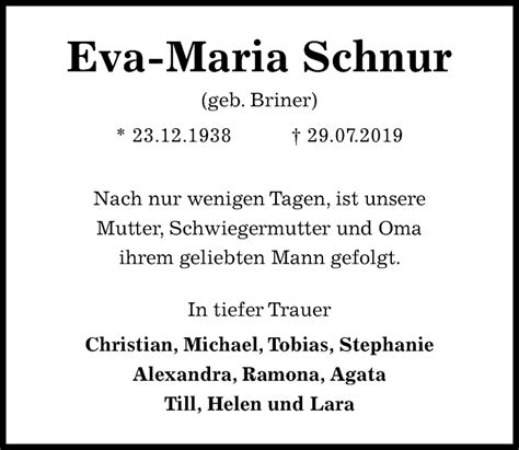 Traueranzeigen Von Eva Maria Schnur Trauer Anzeigende