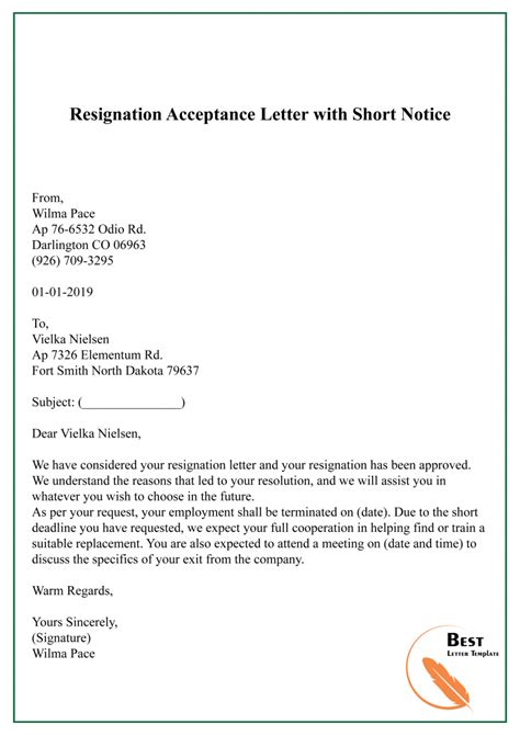 Resignation Acceptance Letter Template Format Sample And Example