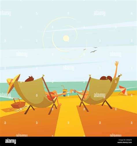 Beach Rest Background With A Couple In Chaise Lounges At Sea Cartoon