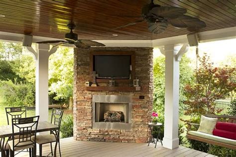 Covered Back Porch W Tv And Fireplace Outside Pool Fireplace