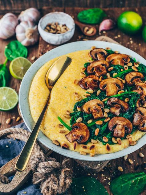 Creamy Vegan Polenta with Mushrooms and Spinach - Bianca Zapatka | Recipes