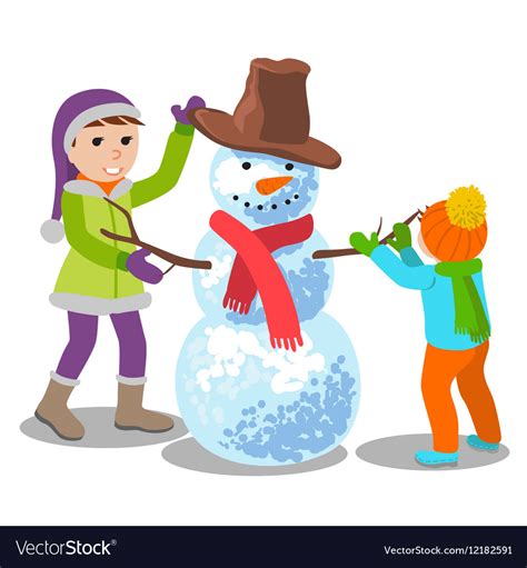 Cute Kids Making A Snowman Royalty Free Vector Image