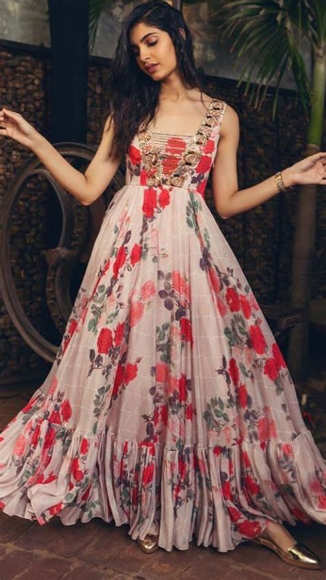 Beautiful Floral Printed Silk Long Gown Embellished With Hand