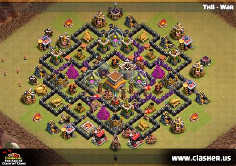 This town hall8 base layouts with bomb tower will help you winning clan wars. Town Hall 8 - WAR Base Map #23 - Clash of Clans | Clasher.us