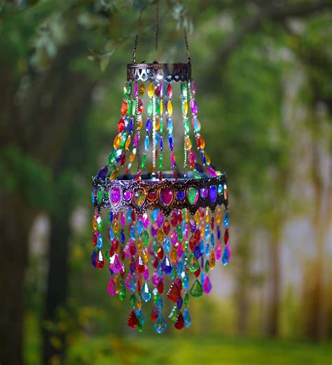 Small Colorful Beaded Solar Powered Metal Chandelier Wind And Weather