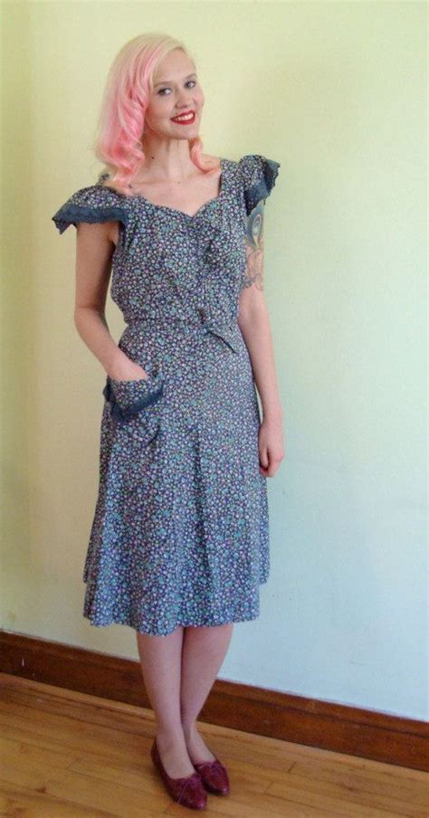 1950s House Dress Vintage 1950s Dress Grey Blue Floral Etsy