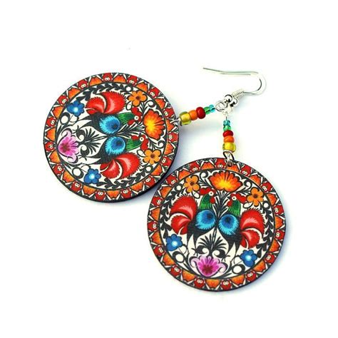 Folk Rooster Polish Folk Motif Earrings Round And Colorful Boho Style Handmade In Poland