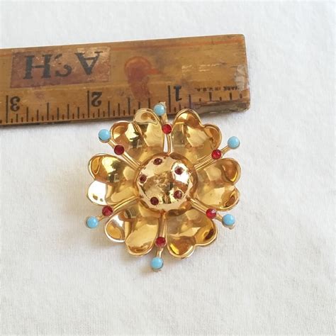Vintage Coro Brooch Gold Enamel And Rhinestone Pin Vintage Flower