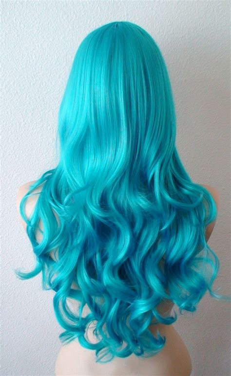 «dip dye blue and teal hair #dipdyehair #bluehair #turquoisehair #bluetips. Teal Blue wig. Long curly volume hair long bangs wig. Durable