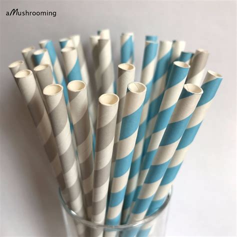 25 Blue And Gray Striped Paper Straws Party Supplies Party Decor Bar