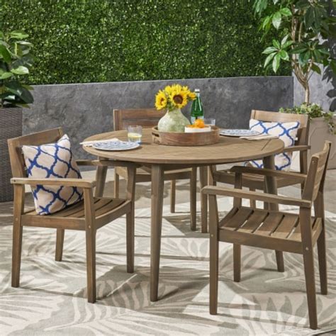 Zack Outdoor 5 Piece Acacia Wood Dining Set With Straight Legged Dining
