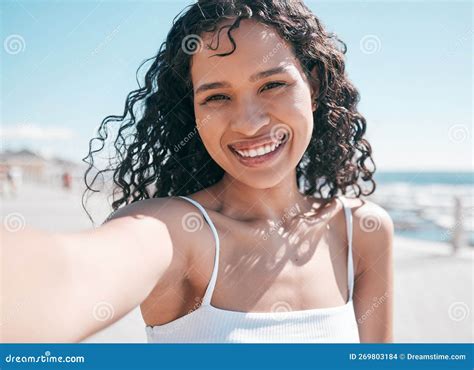 Beach Selfie Black Woman Portrait And Social Media Influencer Streaming On App Travel Content
