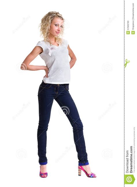 Young Woman Standing Full Body In Jeans Wear Stock Image