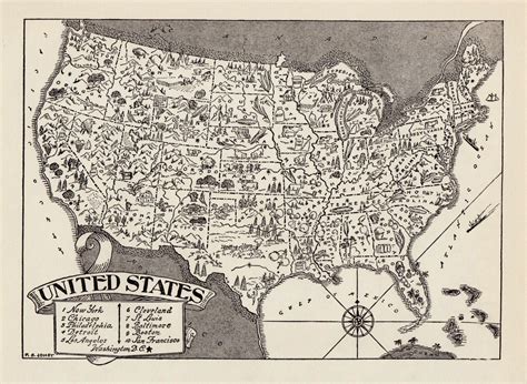 50s Vintage United States Picture Map Pictorial United Etsy