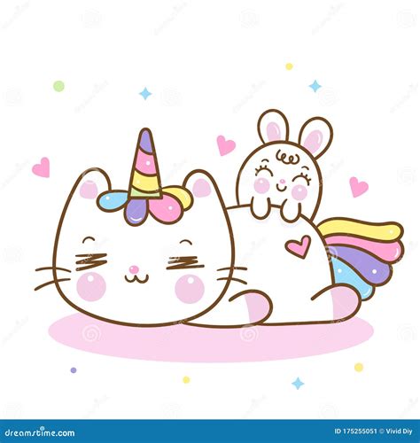Cute Unicorn Cat Cartoon And Bunny Rabbit Sleep Sweet Dream Stock