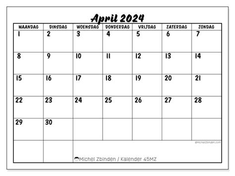 Kalender April 2024 Om Af Te Drukken “45mz” Michel Zbinden Sr