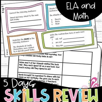 5 Days Of Skills Review ELA And Math Morning Work Homework Warm Ups