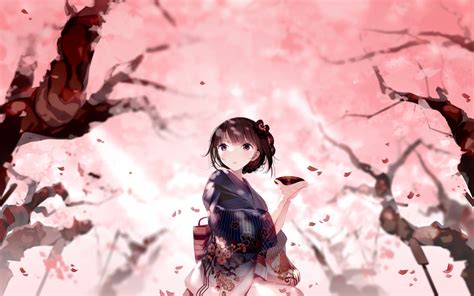Atha Braids Brown Hair Cherry Blossoms Drink Flowers Japanese Clothes