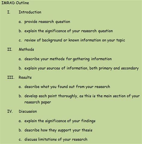 • most prominent norm for a scientific journal article. IMRAD Outline I. Introduction a. provide research question ...