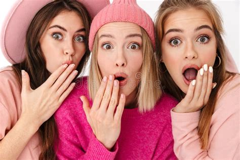 Portrait Closeup Of Three Amazed Girls Wondering And Looking At Camera Stock Image Image Of