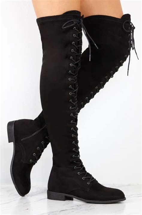 Sexy Lace Up Over Knee Boots Women Boots Flats Shoes Woman Square Heel Rubber Flock Boots Botas