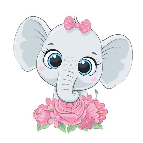 Cute Summer Baby Elephant With Flowers Vector Illustration 2047566