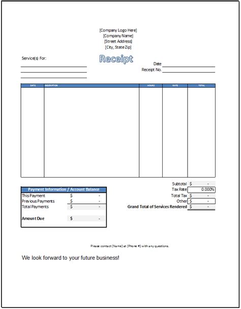 Receipt For Services Template Free