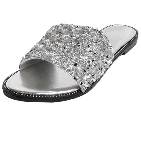 Snj Womens Glitter Bling Rhinestone Strap Slide Flat Sparkle Sandal