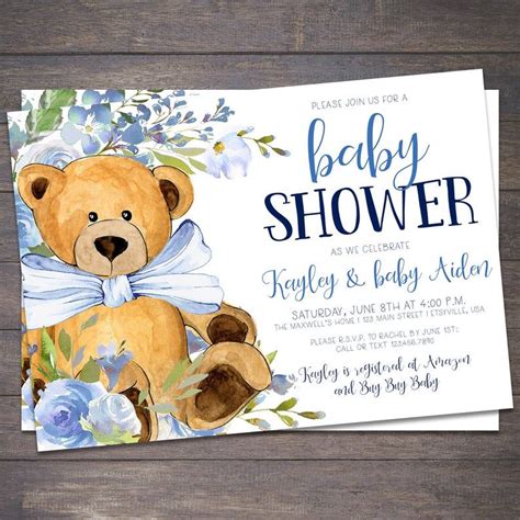 Watercolor Bear Teddy Bear Baby Shower Invitations Boys Teddy Bear