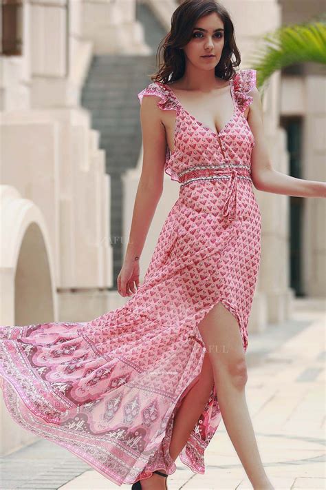 Tiny Floral Ruffle Strap Flowing Dress PINK Ditsy Floral Dress Dresses Ruffled Maxi Dress