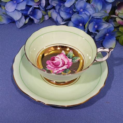 Dw Paragon Floating Rose Tea Cup And Saucer Pink Rose On Gold Mint Green Teacup Tea Cups