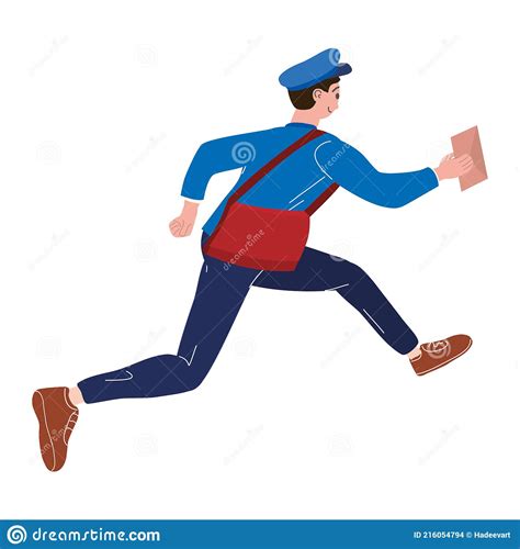 Postman Running With Bag Delivering Letter In Envelope Mailman In
