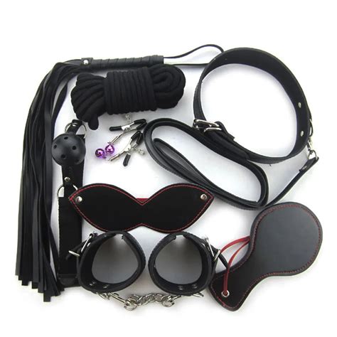 8pcs kit bondage rope set collar whip hand cuffs ankle cuff eye mask black fetish restraints sm