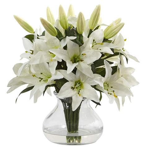 Nearly Natural 1434 Lily Silk Arrangement With Glass Vase Artificial
