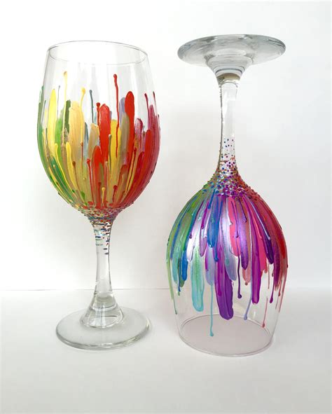 Rainbow Color Burst Wineglass Set Of 2 Hand Painted 20oz Etsy Wine Glass Designs Hand