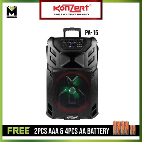 konzert pa 15 15 inch 500w portable trolley speaker with usb sd fm radio bt and 2 wireless mic