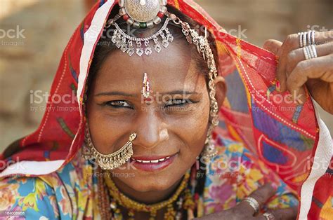 Beautiful Traditional Indian Woman In Sari Costume Covered Her Head