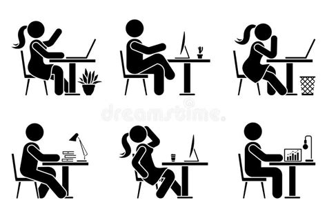 Sitting At Desk With Computer At Work Office Stick Figure Business Man