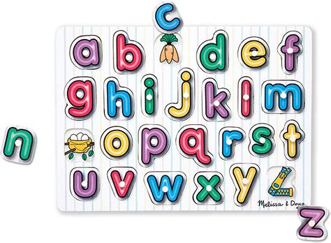 This wooden peg puzzle includes a piece for each of the 26 letters in the alphabet. Melissa & Doug (Wooden) - Alphabet Peg Puzzle, Multicolour ...