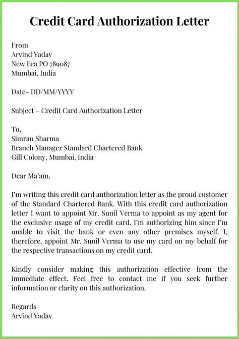 Sample Credit Card Authorization Letter Template Example