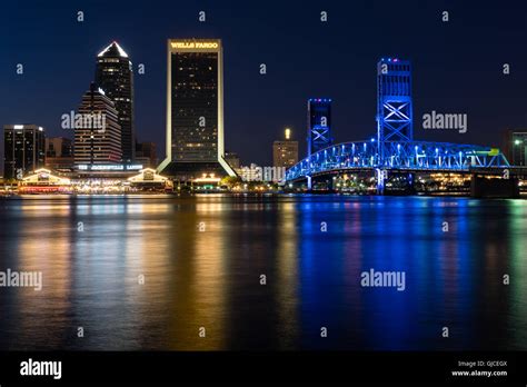 Downtown Jacksonville Skyline At Night Jacksonville Florida Stock
