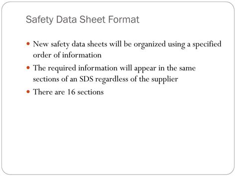 Annex 4 of the un ghs document provides globally harmonized guidance on how and what data are provided on these safety data sheets. PPT - OSHA Has Revised 30 CFR 1910.12 00 Hazard ...