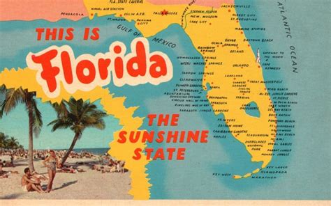Vintage Postcard The Sunshine State Atlantic Ocean Map Beach Places